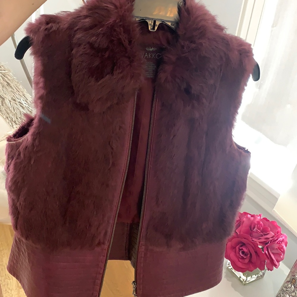 Maroon Fur Vest with leather trim on bottom